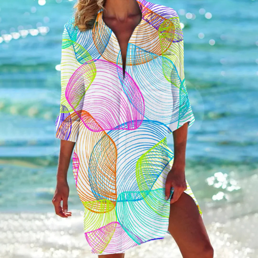 Coralie | Dames Tropische Print Overhemdjurk met 3/4 Mouwen Strand Cover-Up