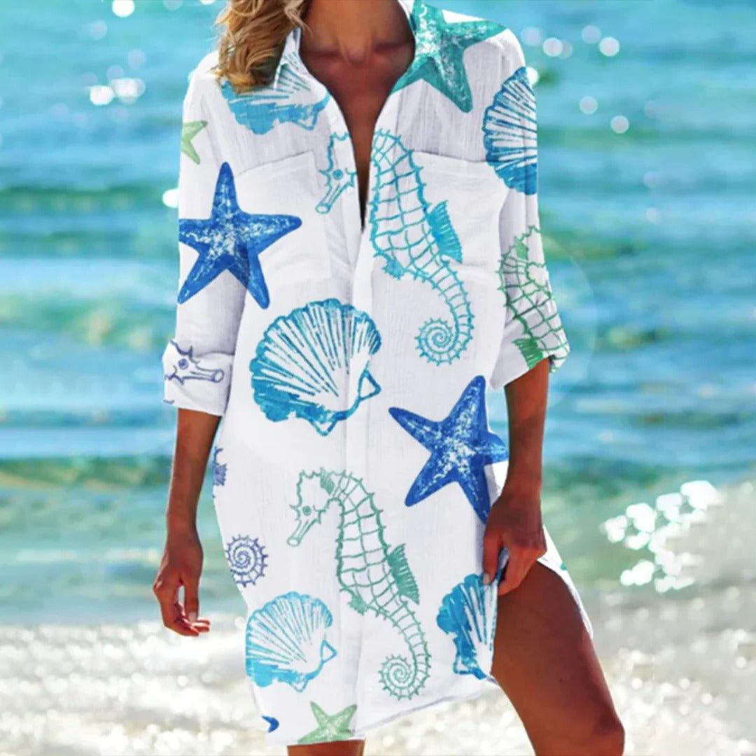 Coralie | Dames Tropische Print Overhemdjurk met 3/4 Mouwen Strand Cover-Up
