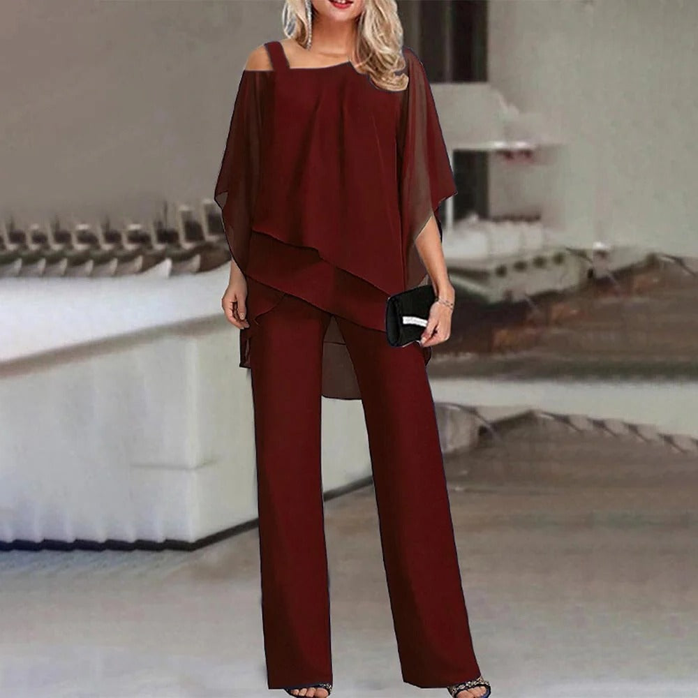 Celeste | Dames Cold Shoulder Chiffon Overlay Wijde Pantalon Jumpsuit