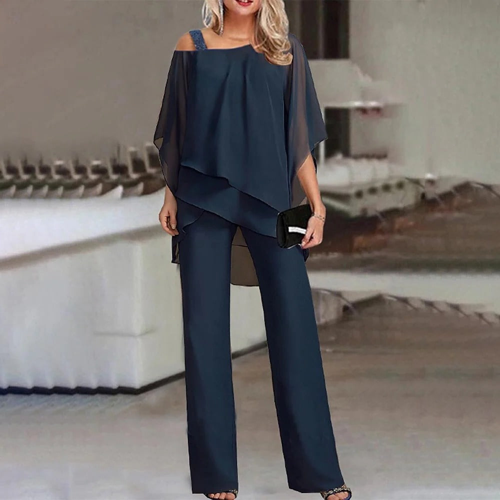 Celeste | Dames Cold Shoulder Chiffon Overlay Wijde Pantalon Jumpsuit