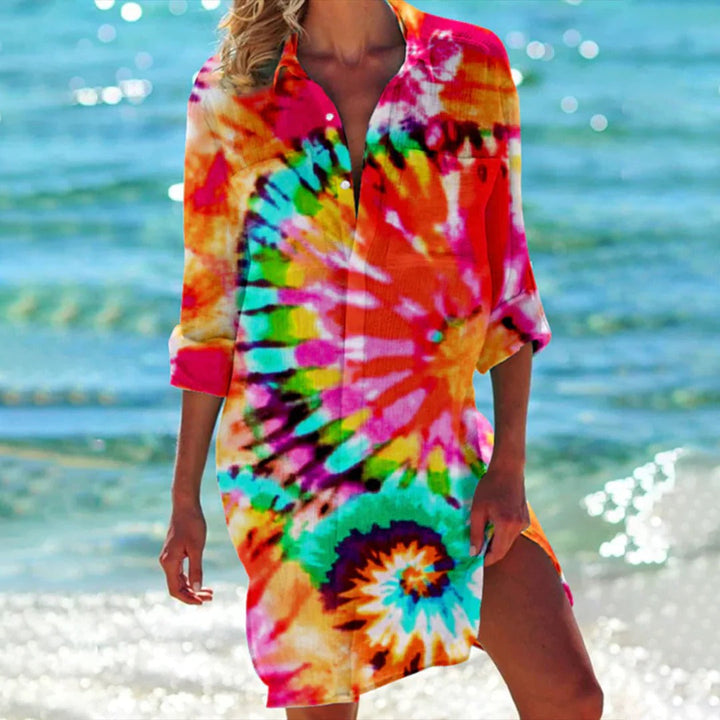 Coralie | Dames Tropische Print Overhemdjurk met 3/4 Mouwen Strand Cover-Up