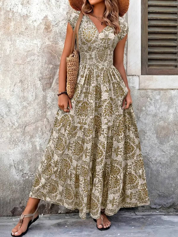 Sienna | Dames Smocked Boho Print Tiered Maxi Jurk