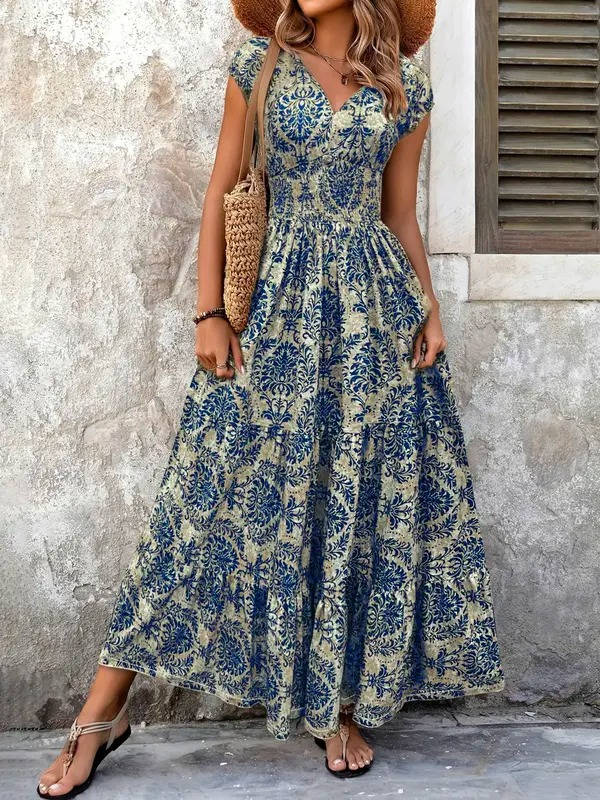 Sienna | Dames Smocked Boho Print Tiered Maxi Jurk