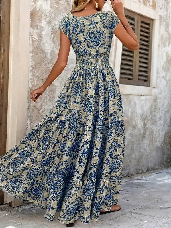 Sienna | Dames Smocked Boho Print Tiered Maxi Jurk