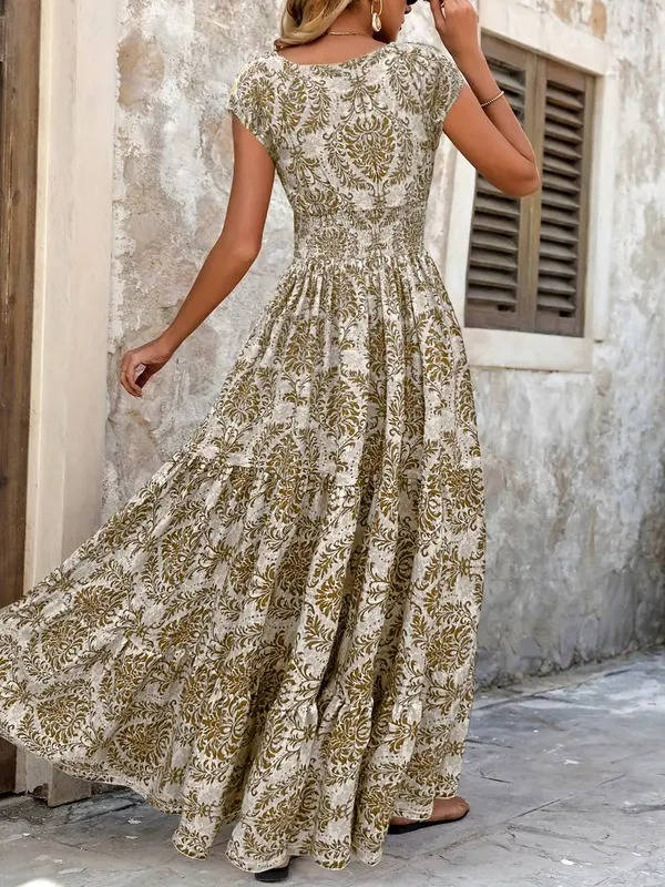 Sienna | Dames Smocked Boho Print Tiered Maxi Jurk