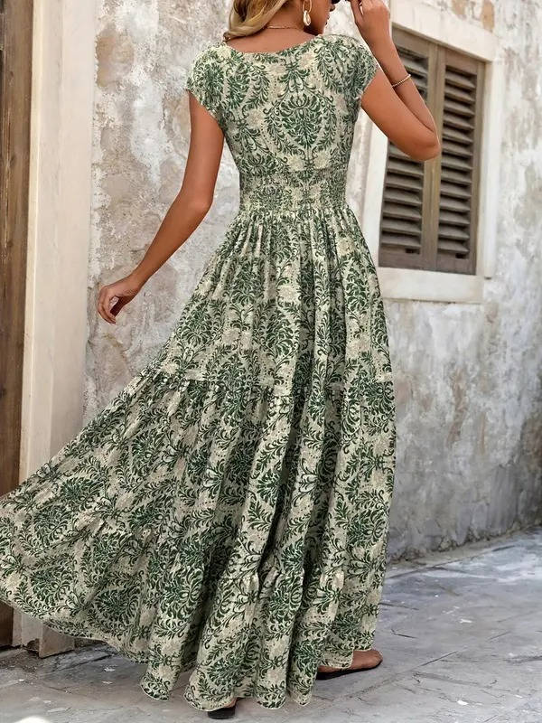 Sienna | Dames Smocked Boho Print Tiered Maxi Jurk