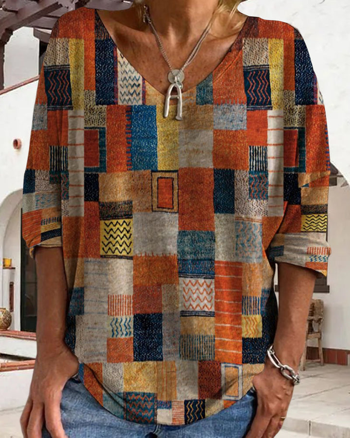 Imogen | Dames Patchwork V-Hals 3/4 Mouw Blouse