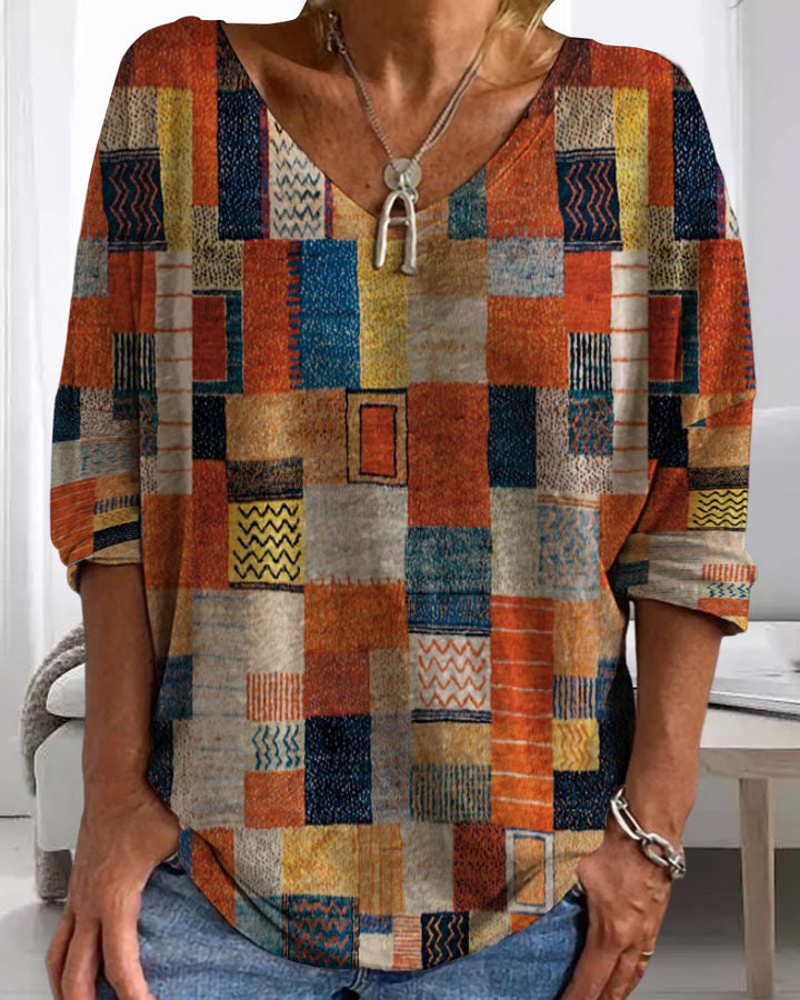 Imogen | Dames Patchwork V-Hals 3/4 Mouw Blouse