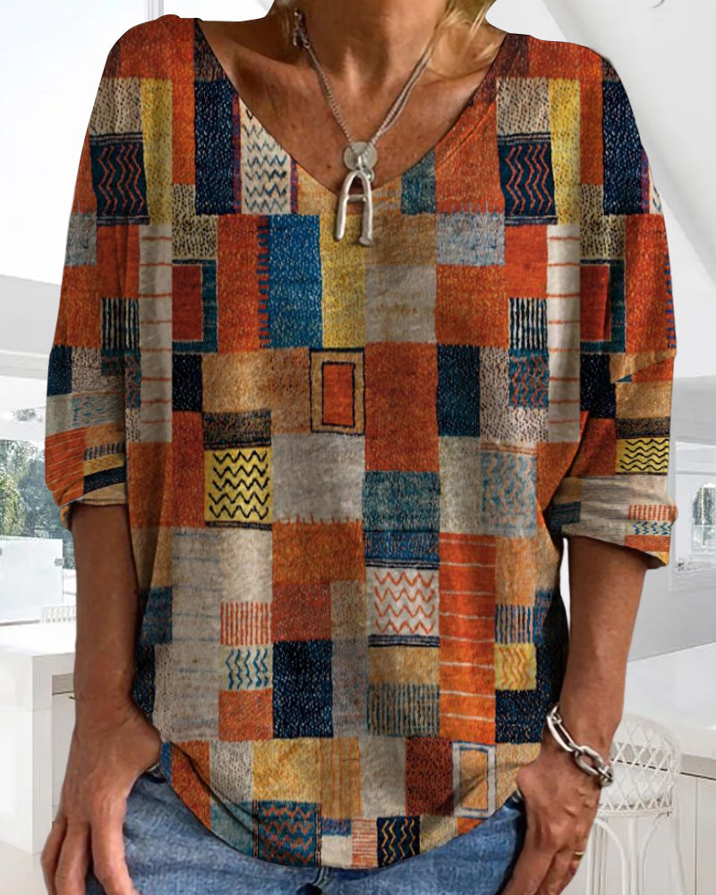 Imogen | Dames Patchwork V-Hals 3/4 Mouw Blouse