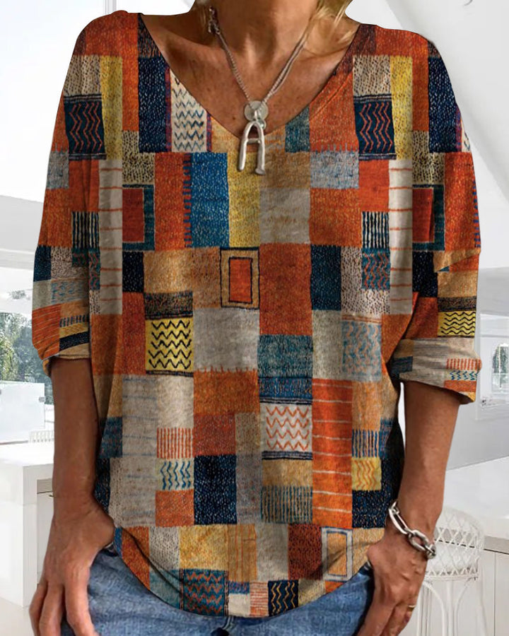 Imogen | Dames Patchwork V-Hals 3/4 Mouw Blouse