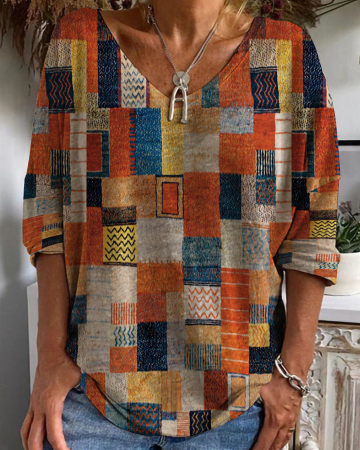 Imogen | Dames Patchwork V-Hals 3/4 Mouw Blouse
