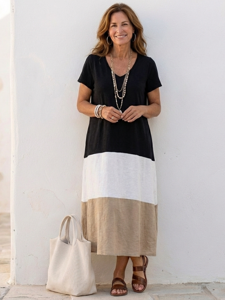 Isadora | Vrouwen Kleurblok V-hals Midi Jurk