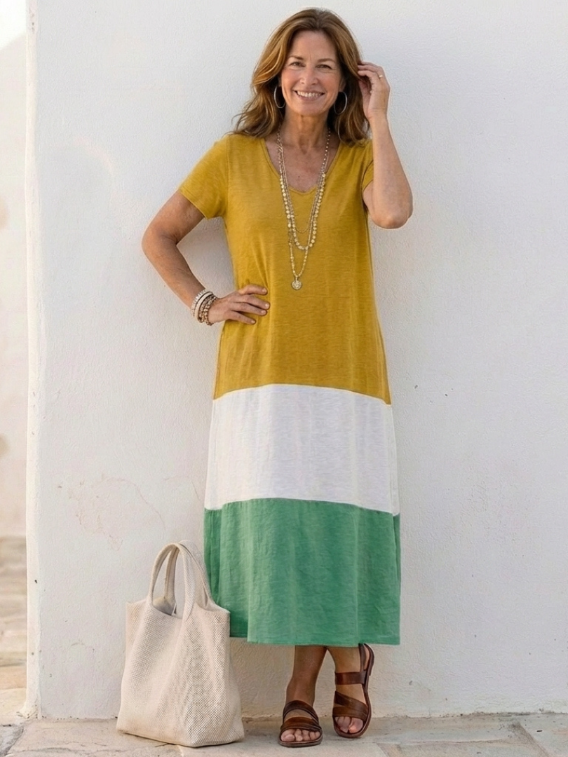 Isadora | Vrouwen Kleurblok V-hals Midi Jurk