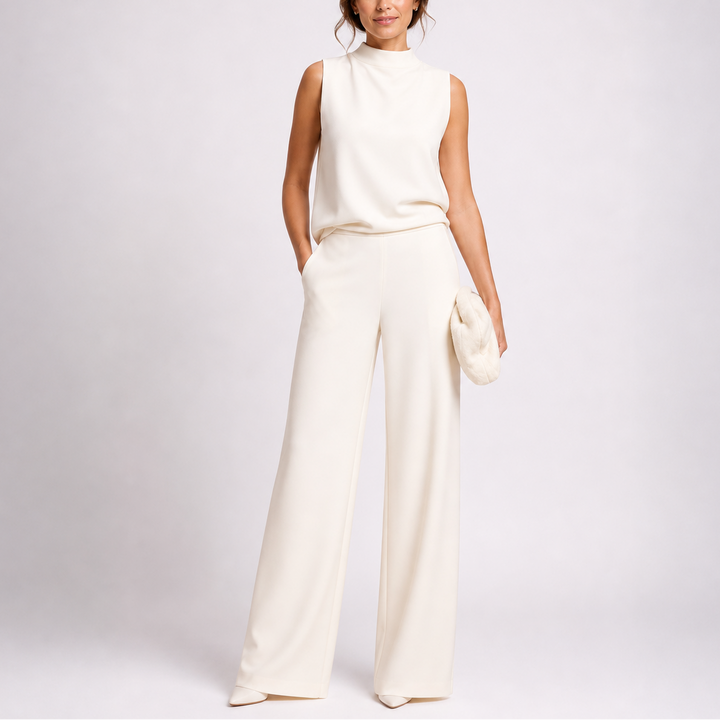 Larkin | Dames Mouwloze Hoge Hals Brede Pijpen Jumpsuit