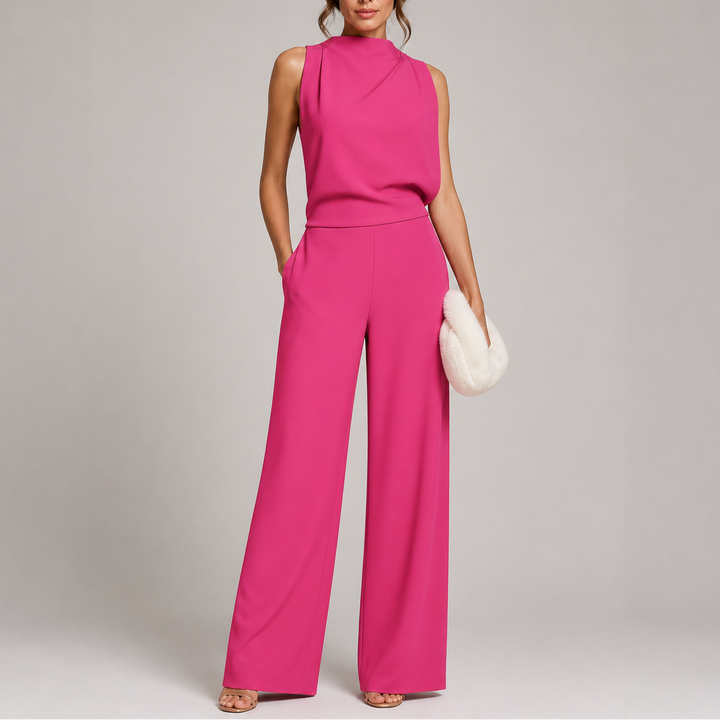 Larkin | Dames Mouwloze Hoge Hals Brede Pijpen Jumpsuit