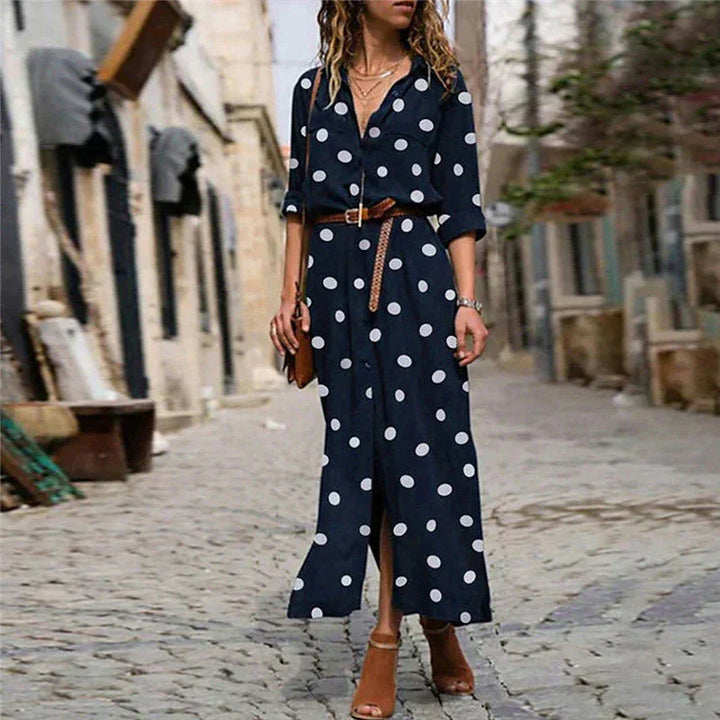 Stella | Vrouwen Polka Dot Maxi Jurk Lange Mouwen Knopen-Shirt Jurk