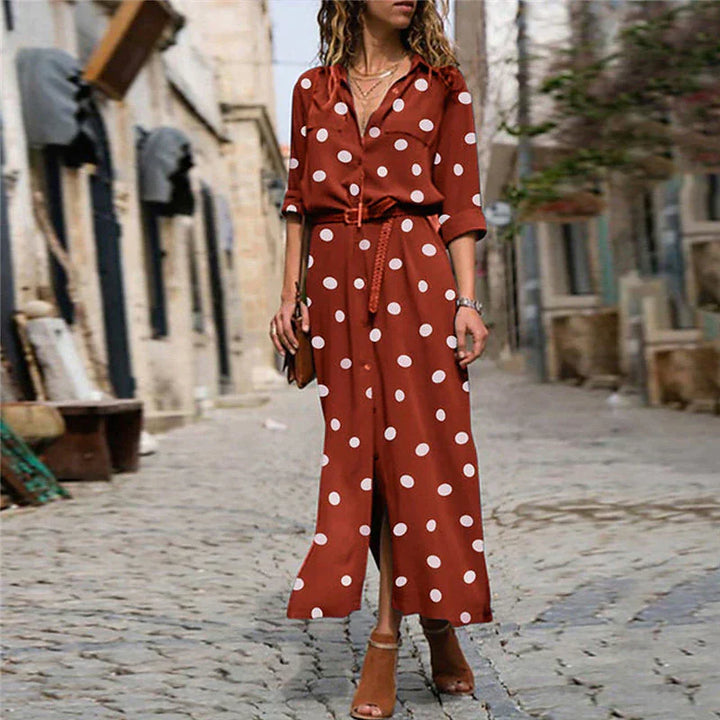 Stella | Vrouwen Polka Dot Maxi Jurk Lange Mouwen Knopen-Shirt Jurk