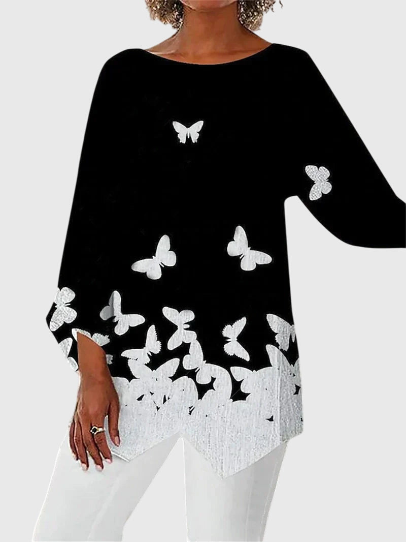 Lyanna | Vrouwen Asymmetrische Hem Top met Vlinderprint