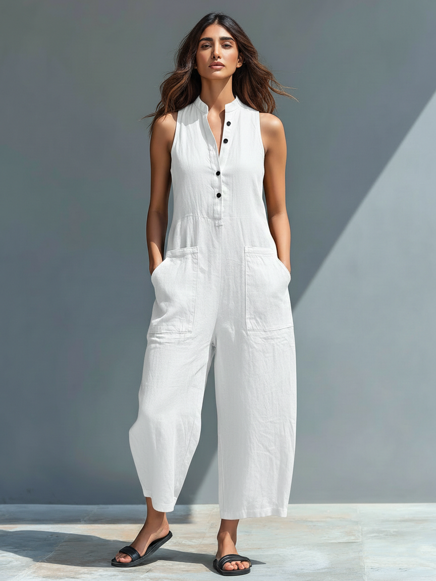 Lysandra | Dames Mouwloze Knop Voor Brede Pijpen Jumpsuit