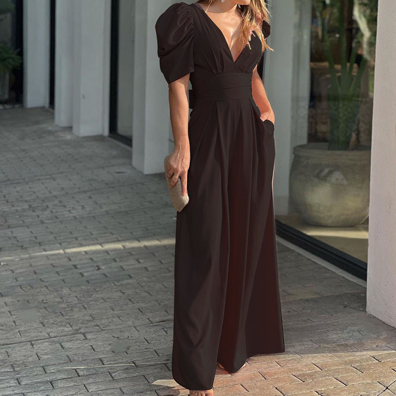 Marigold | Dames V-Hals Puff Sleeve Brede Pijpen Jumpsuit