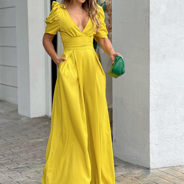 Marigold | Dames V-Hals Puff Sleeve Brede Pijpen Jumpsuit
