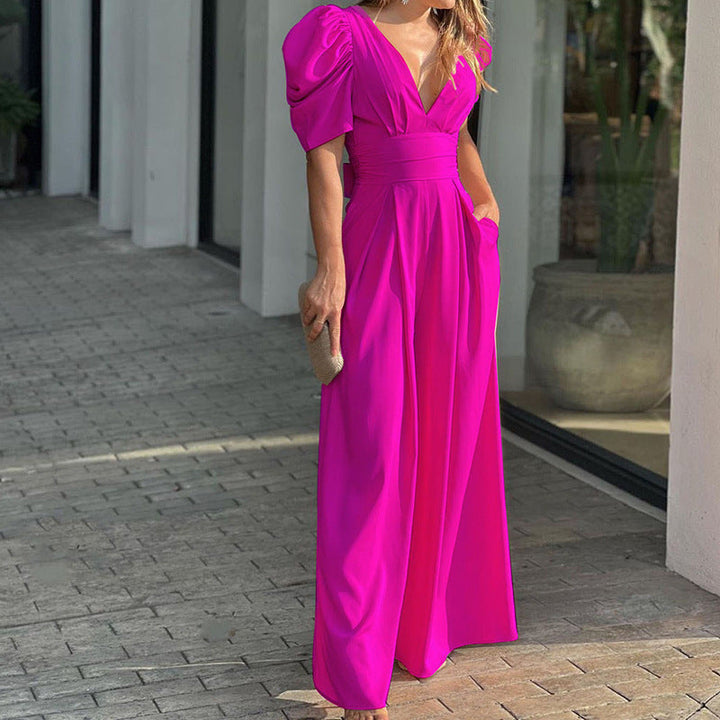 Marigold | Dames V-Hals Puff Sleeve Brede Pijpen Jumpsuit