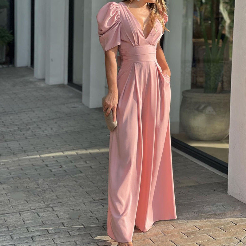 Marigold | Dames V-Hals Puff Sleeve Brede Pijpen Jumpsuit
