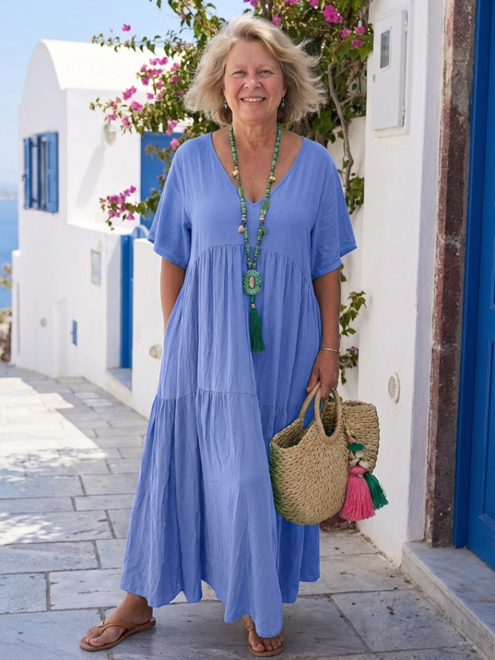 Melody | Dames Korte Mouwen Tiered Maxi Jurk