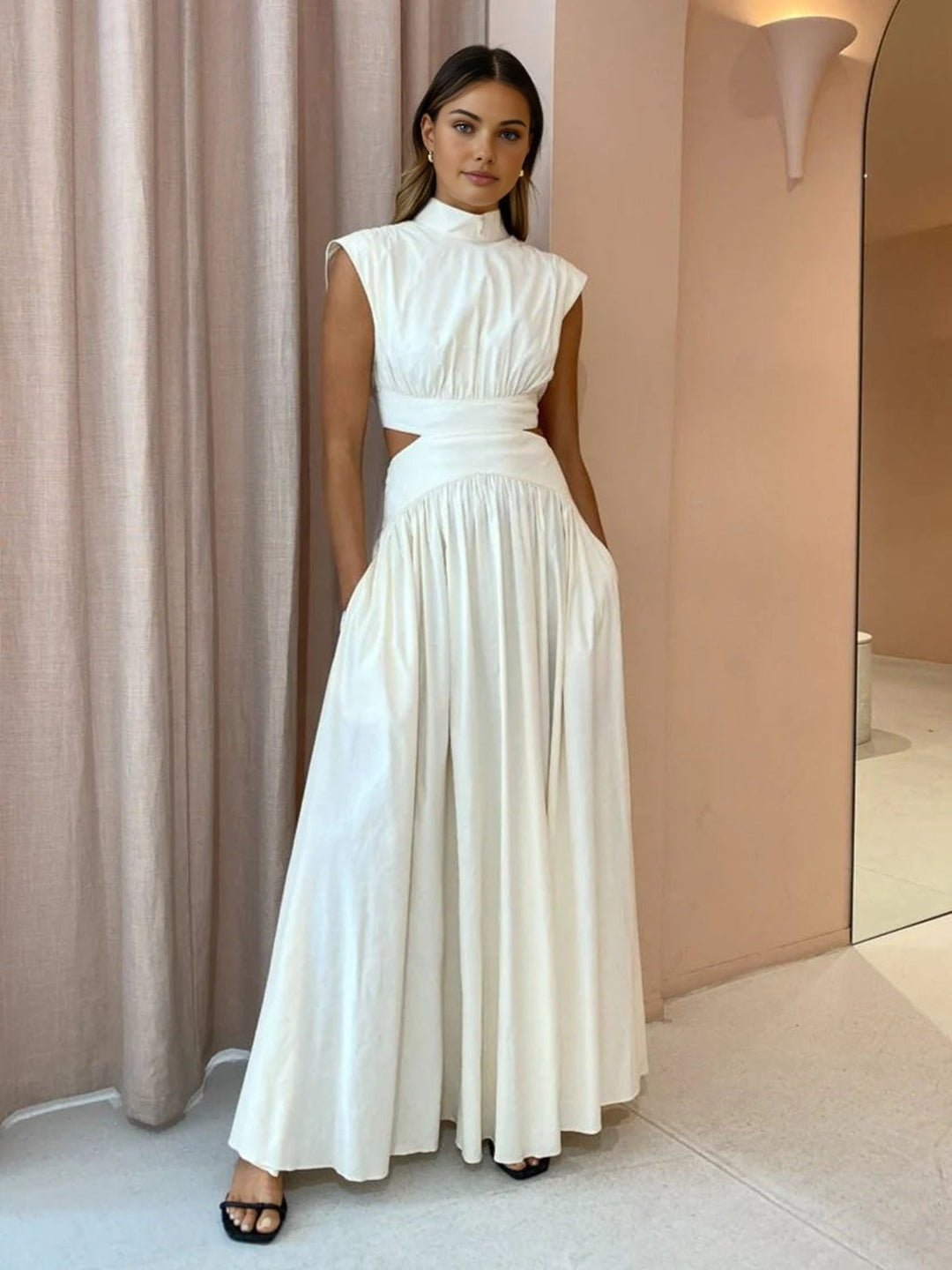 Blanc | Dames Mock Neck Cutout Maxi Jurk Mouwloos Gelegenheidsjurk