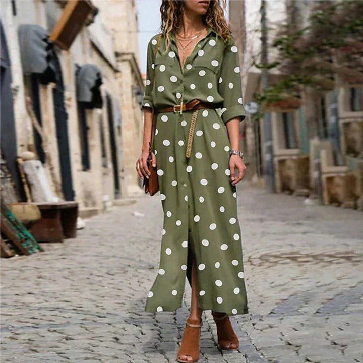 Stella | Vrouwen Polka Dot Maxi Jurk Lange Mouwen Knopen-Shirt Jurk