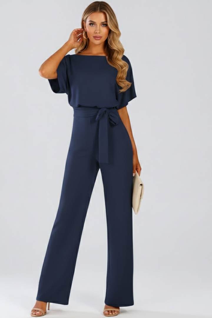 Oona | Dames Wijde Pijpen Korte Mouwen Jumpsuit met Riem