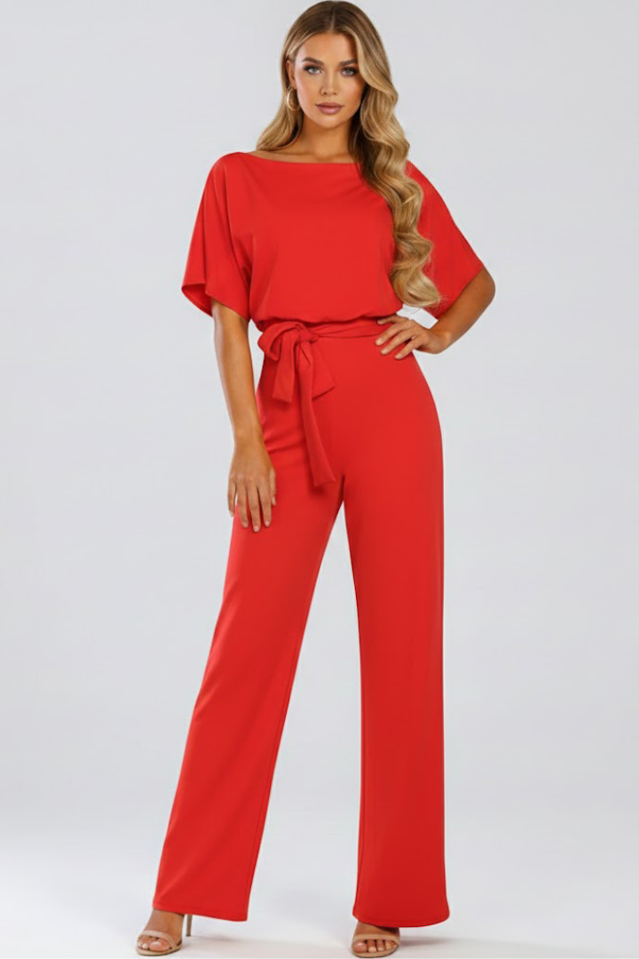 Oona | Dames Wijde Pijpen Korte Mouwen Jumpsuit met Riem