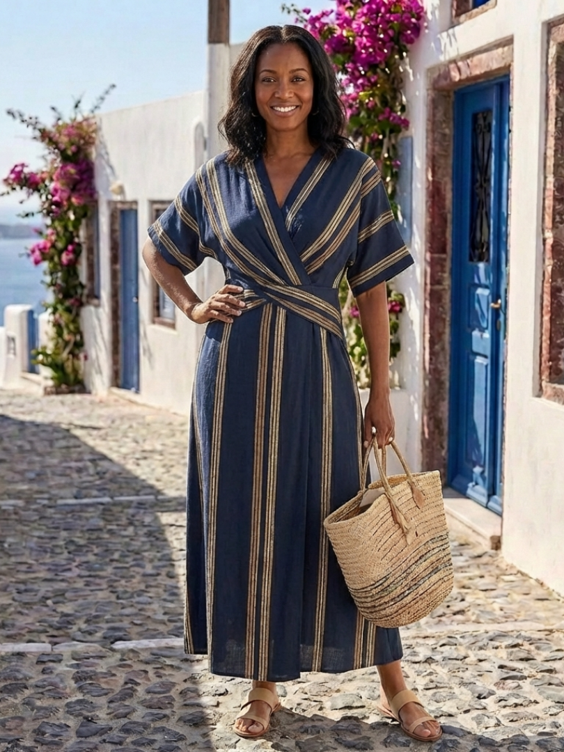 Ophelia | Dames V-Hals Gestreepte Wikkel Maxi Jurk