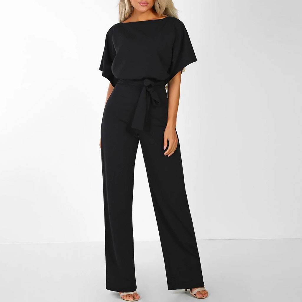 Penelope | Dames Wijde Pijpen Korte Mouwen Ceintuur Jumpsuit