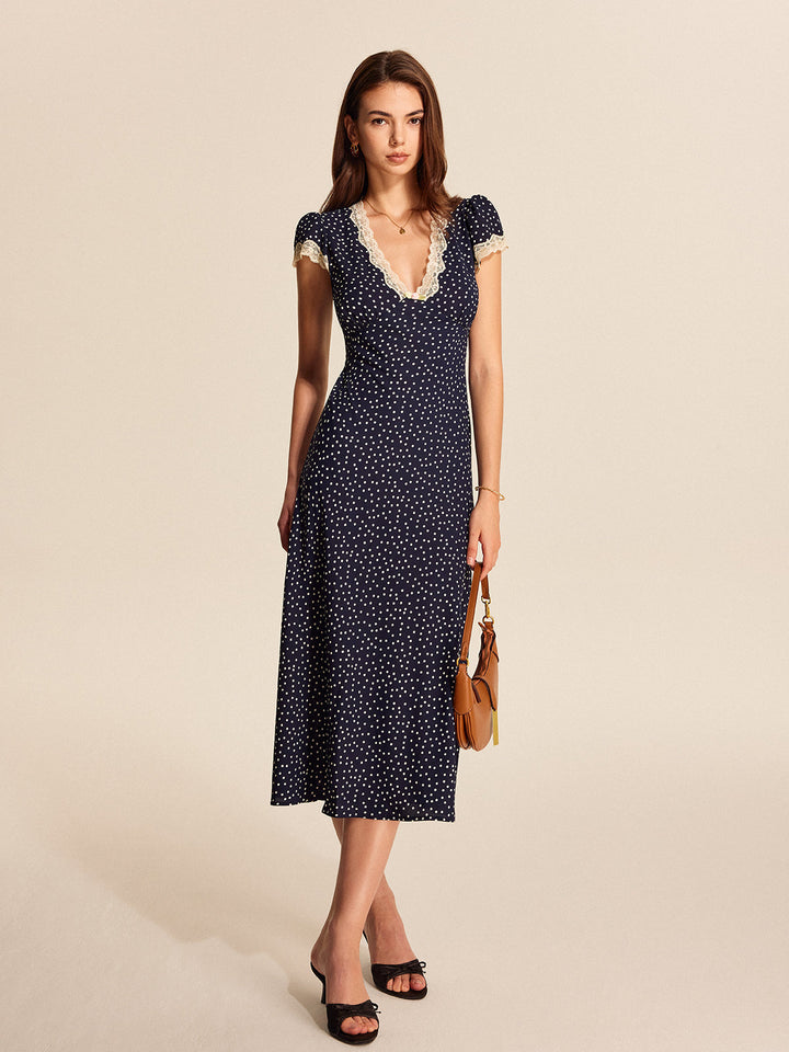 Colette | Dames Midi-jurk met Polkadots en Kantafwerking bij de V-hals