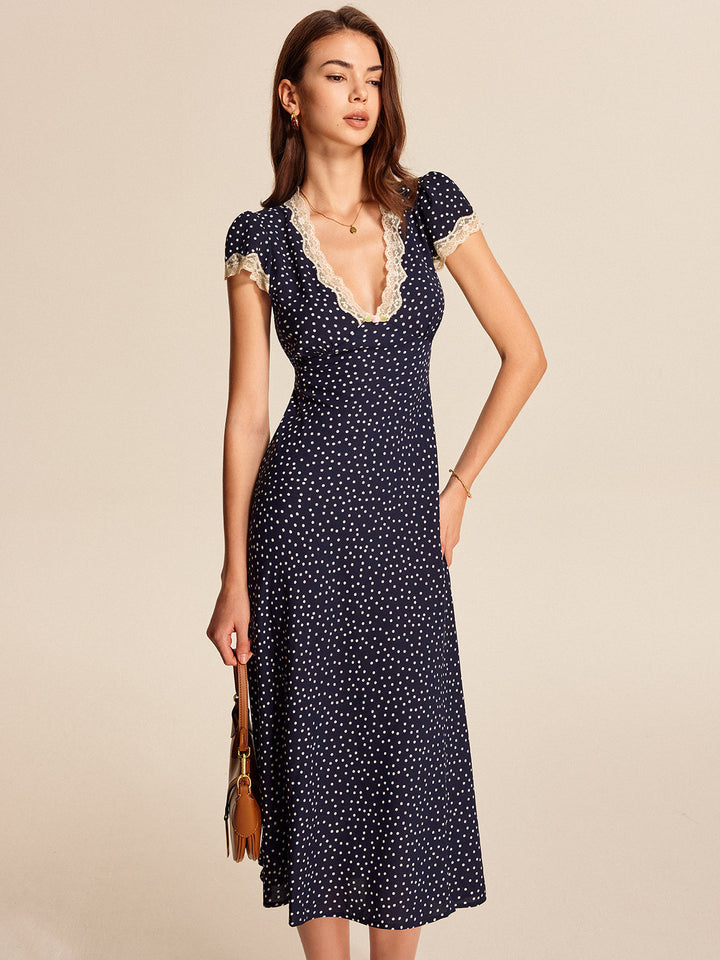Colette | Dames Midi-jurk met Polkadots en Kantafwerking bij de V-hals