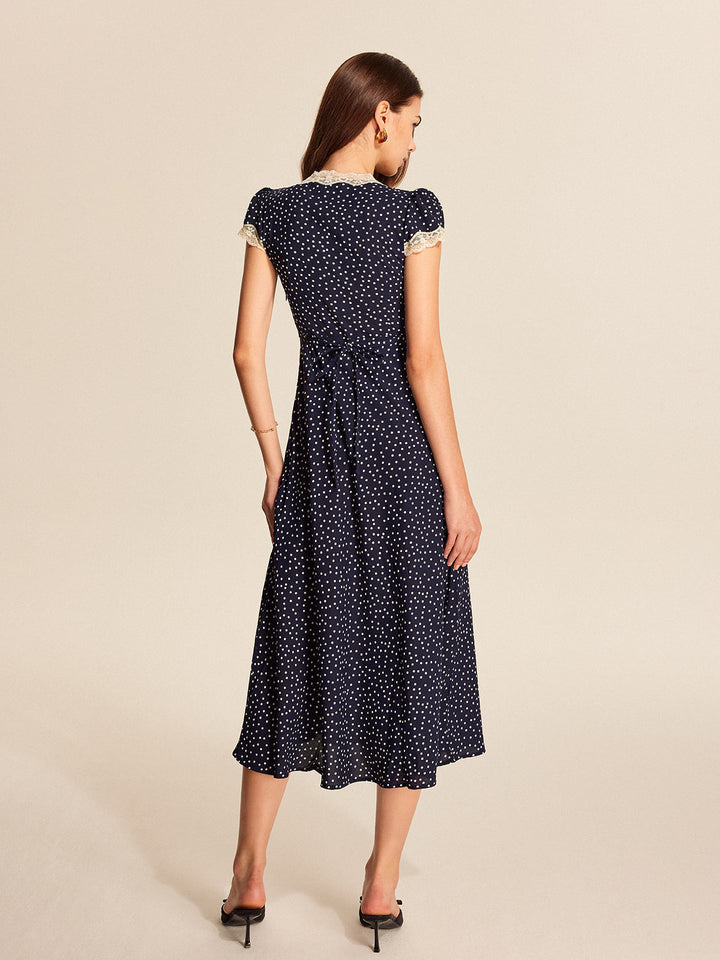Colette | Dames Midi-jurk met Polkadots en Kantafwerking bij de V-hals