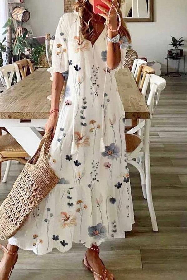 Flora | Vrouwen Maxi Jurk met Bloemenprint en V-hals met Franje Boho