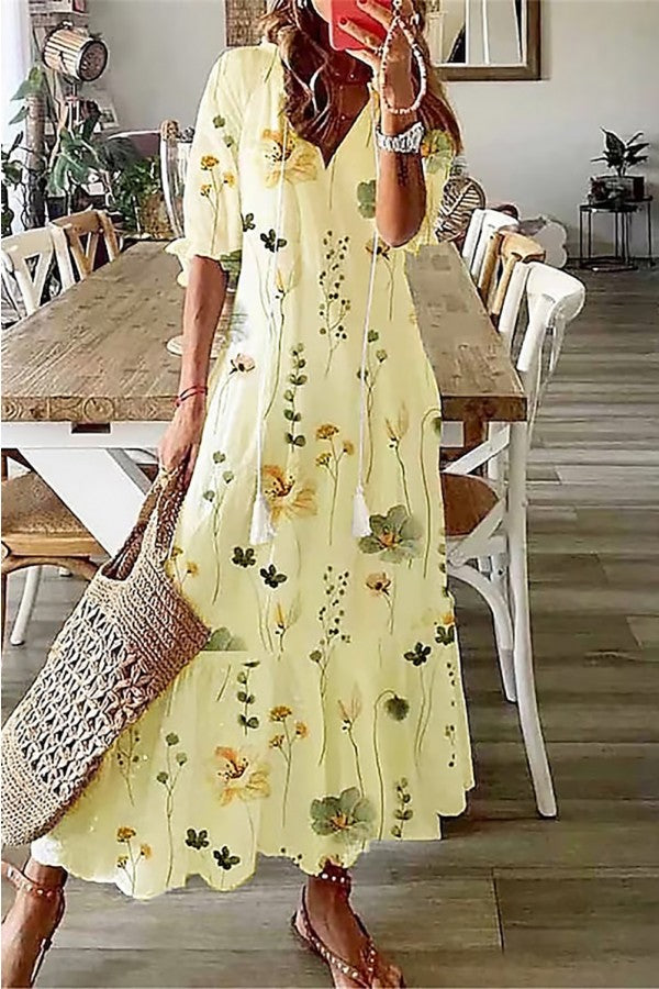 Flora | Vrouwen Maxi Jurk met Bloemenprint en V-hals met Franje Boho