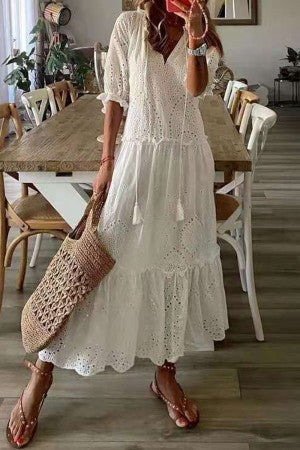 Flora | Vrouwen Maxi Jurk met Bloemenprint en V-hals met Franje Boho