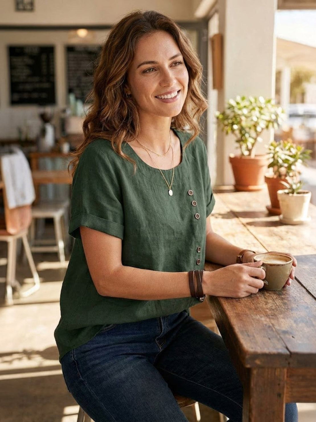 Foreen | Dames Casual Scoop Neck Knopdetail Korte Mouwen Top