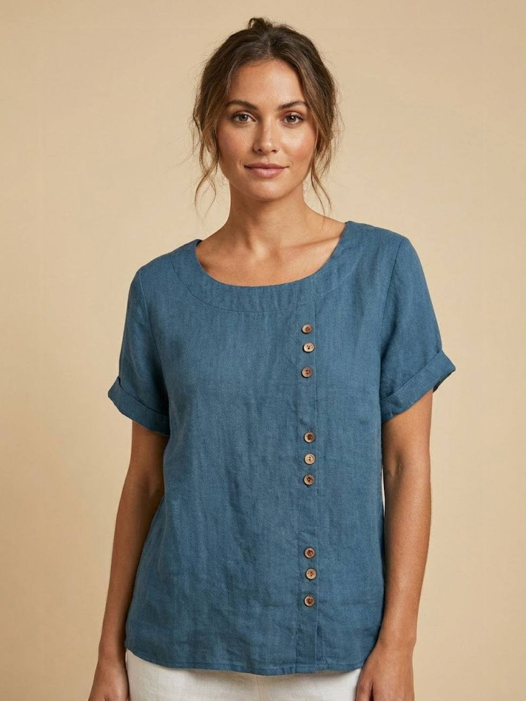 Foreen | Dames Casual Scoop Neck Knopdetail Korte Mouwen Top