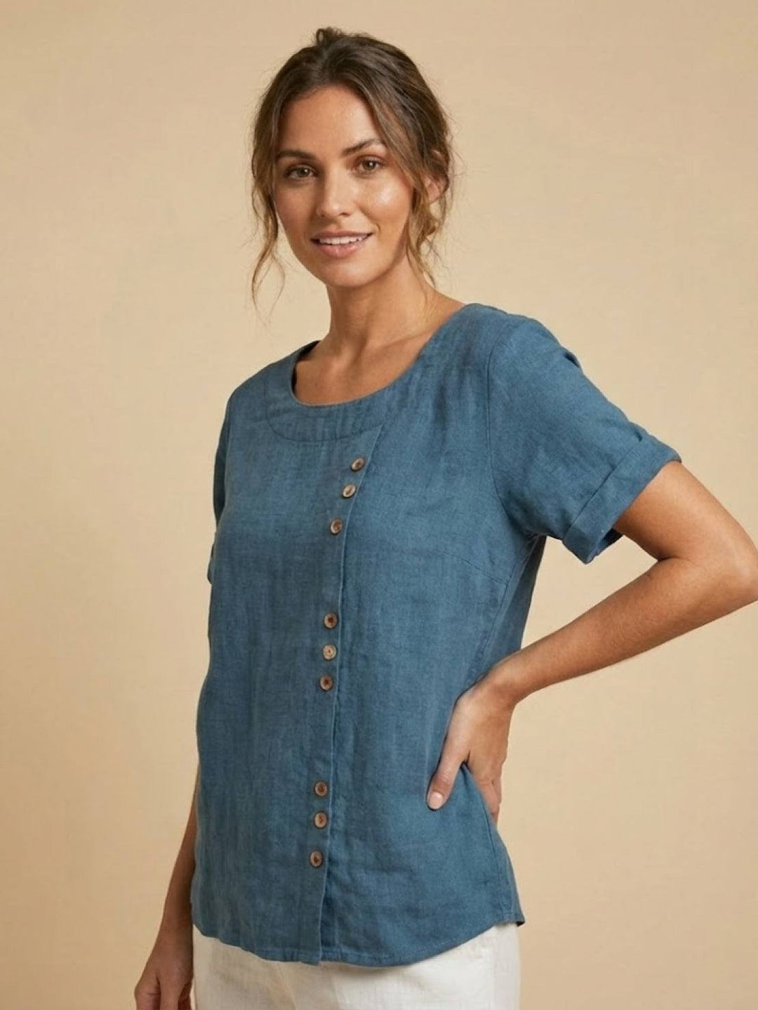 Foreen | Dames Casual Scoop Neck Knopdetail Korte Mouwen Top