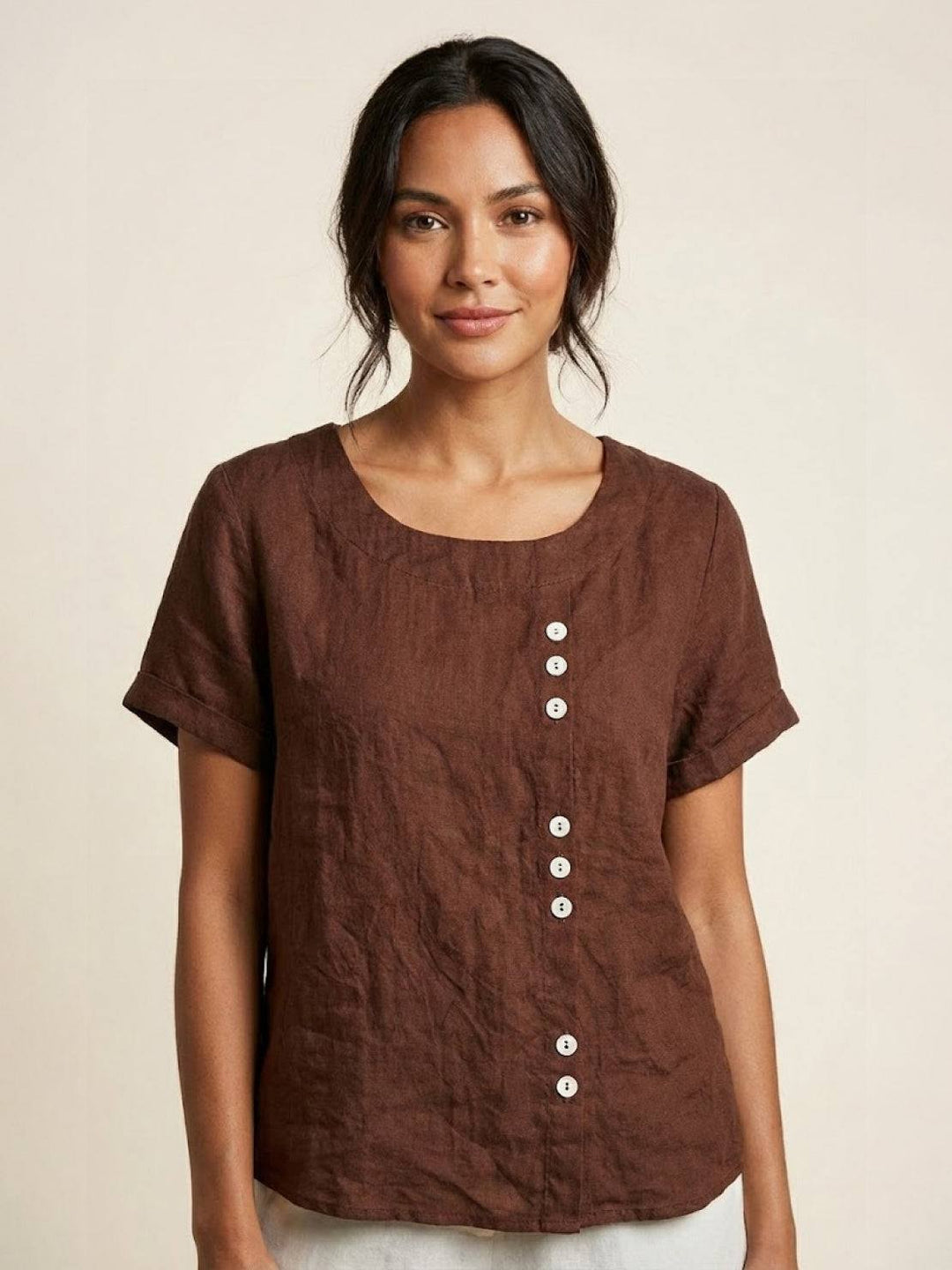 Foreen | Dames Casual Scoop Neck Knopdetail Korte Mouwen Top