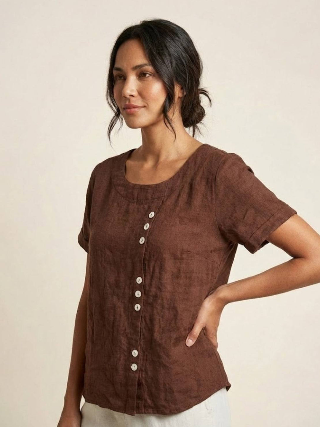 Foreen | Dames Casual Scoop Neck Knopdetail Korte Mouwen Top