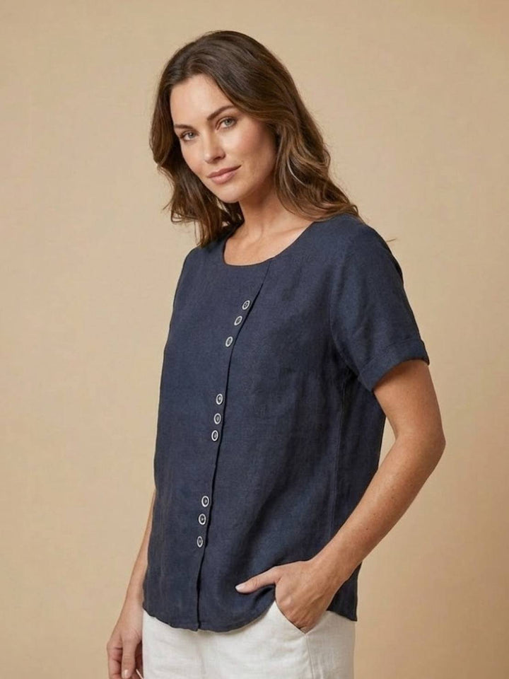 Foreen | Dames Casual Scoop Neck Knopdetail Korte Mouwen Top