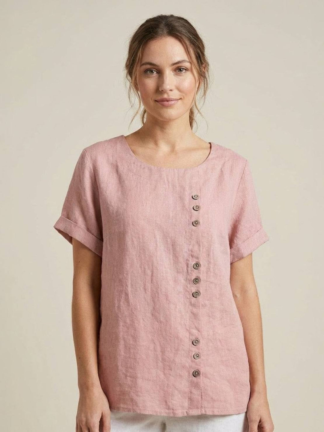 Foreen | Dames Casual Scoop Neck Knopdetail Korte Mouwen Top
