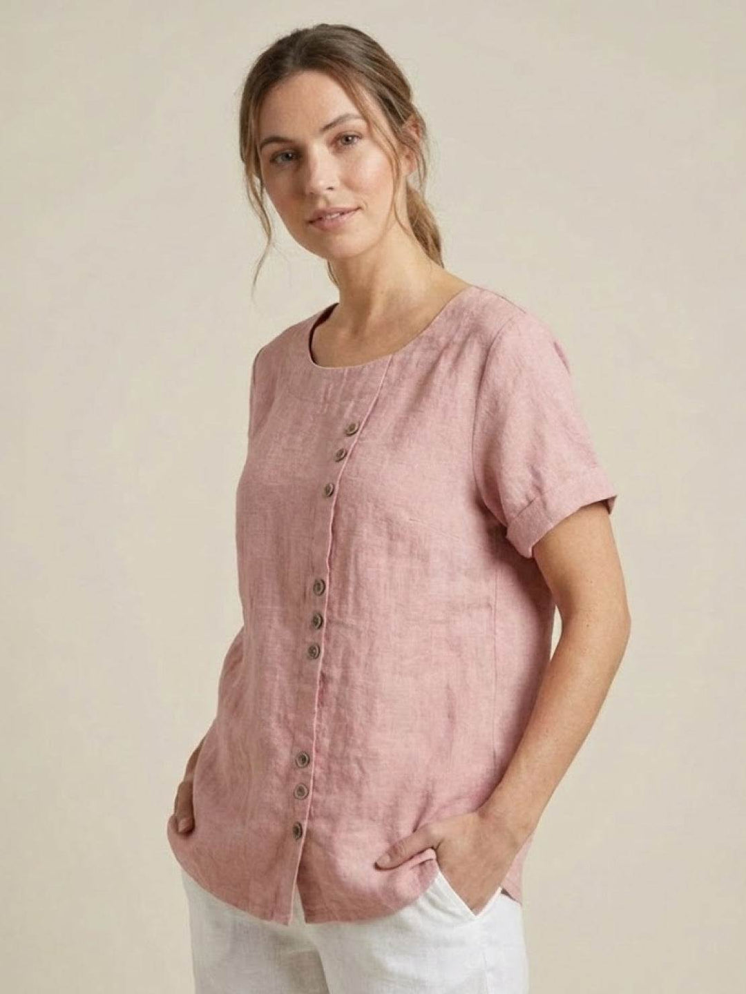 Foreen | Dames Casual Scoop Neck Knopdetail Korte Mouwen Top