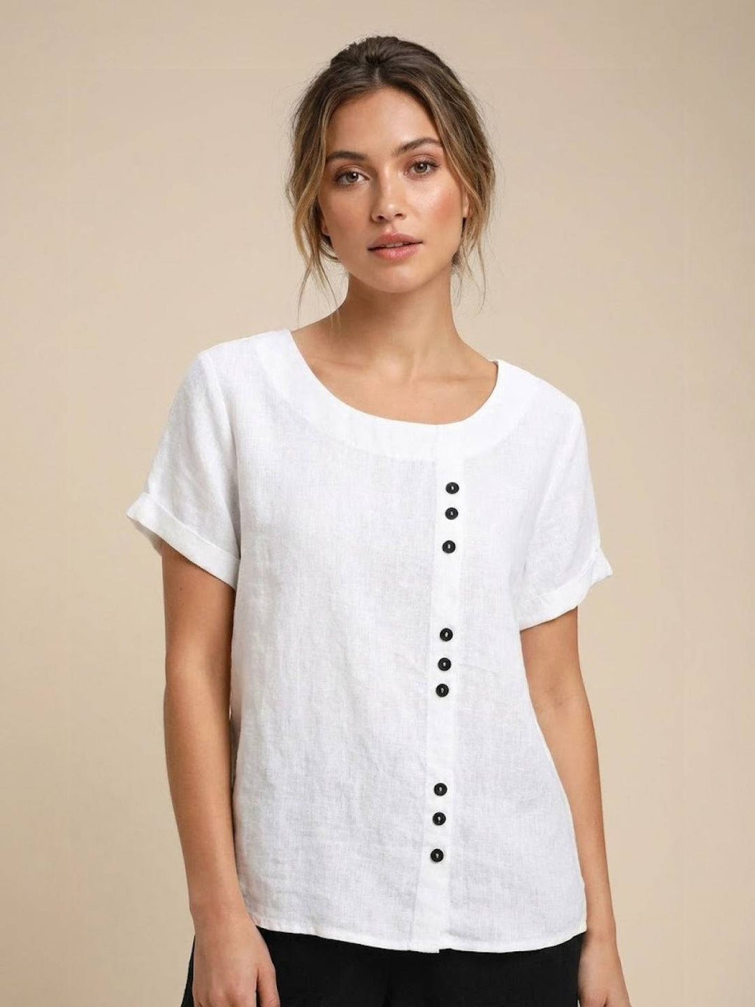 Foreen | Dames Casual Scoop Neck Knopdetail Korte Mouwen Top