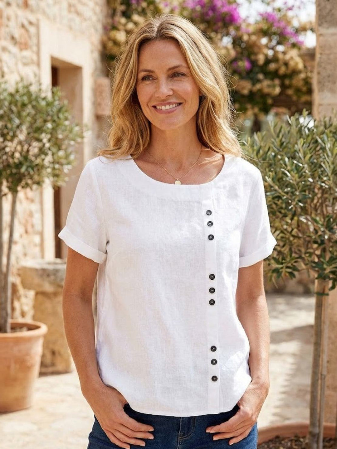 Foreen | Dames Casual Scoop Neck Knopdetail Korte Mouwen Top
